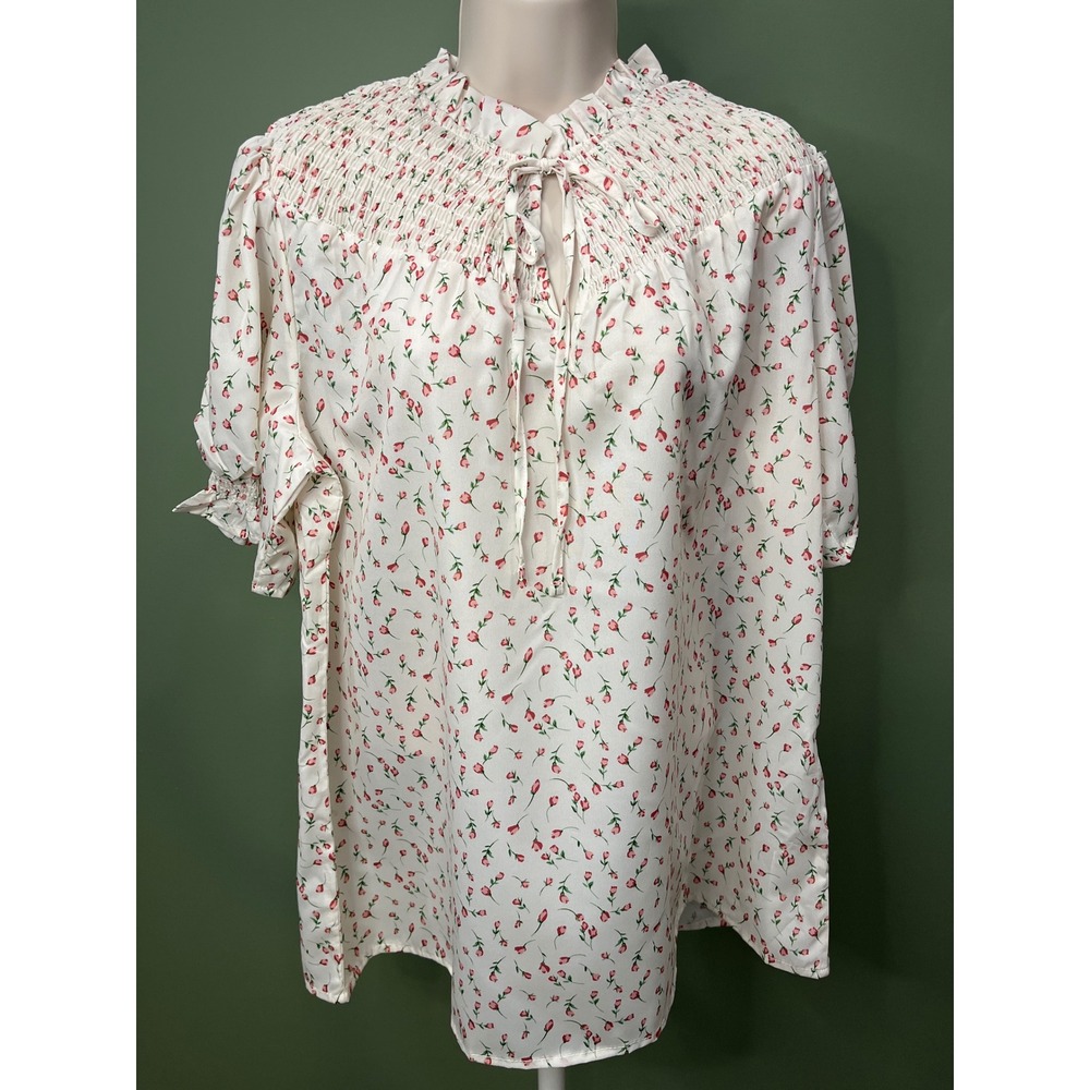 AUCICCOO Cream Pink Floral Tulip Smocked Puff Sleeve Blouse Top Size 16‎ NWT